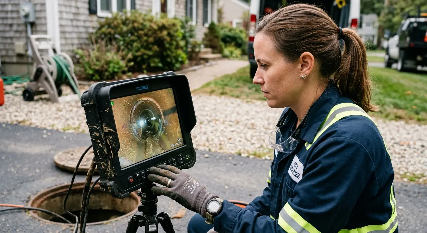 Technician reviewing sewer camera inspection footage in Bowling Green