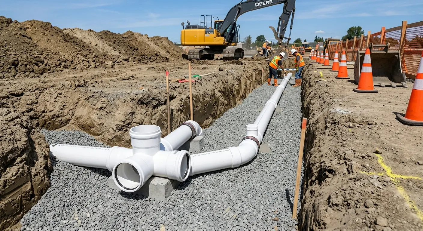 New PVC sewer pipe installation in open trench for Commercial Drain Cleaning in Bowling Green