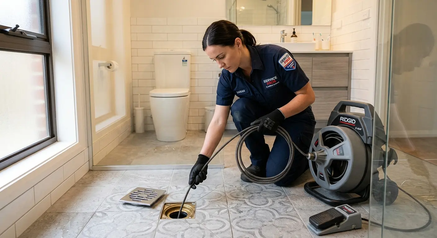 Technician clearing a bathroom floor drain for Clogged Drain Repair in Bowling Green